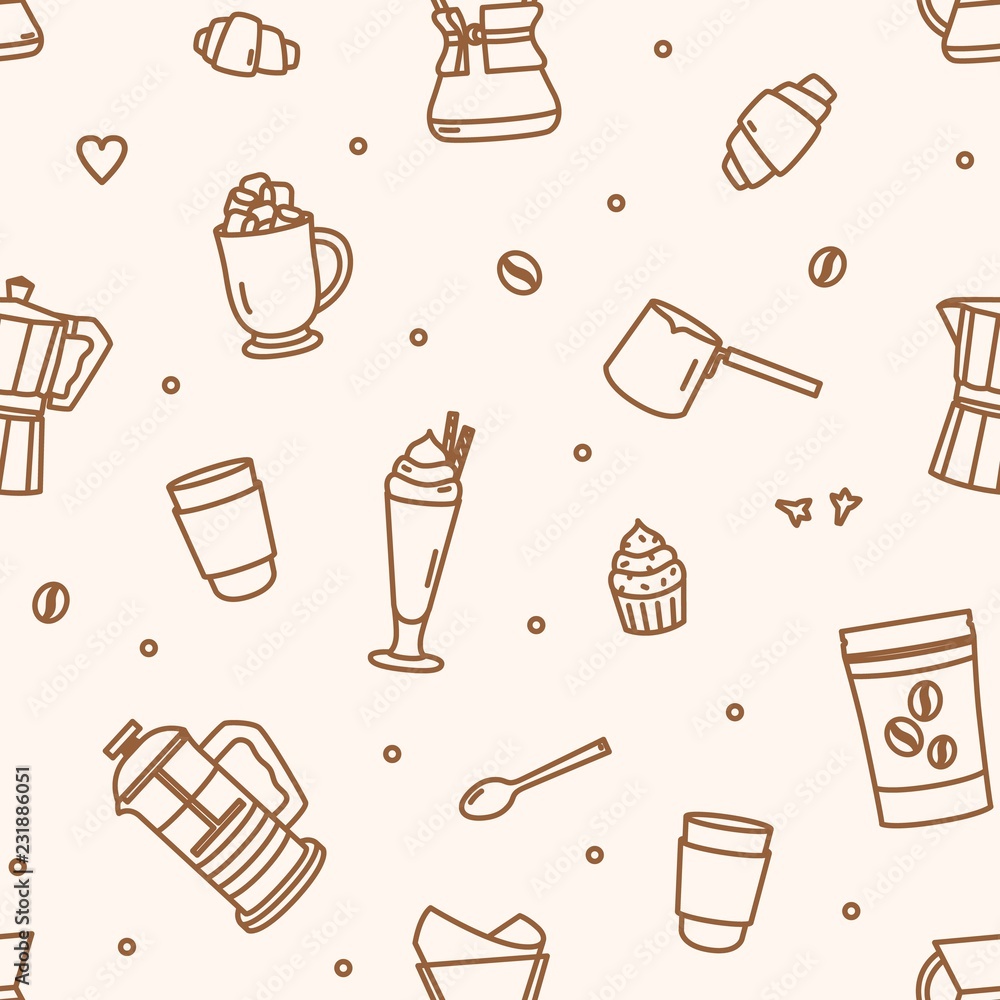 Naklejka Monochrome seamless pattern with tools and utensils for coffee brewing drawn with contour lines on light background. Vector illustration in linear style for wrapping paper, fabric print, wallpaper.