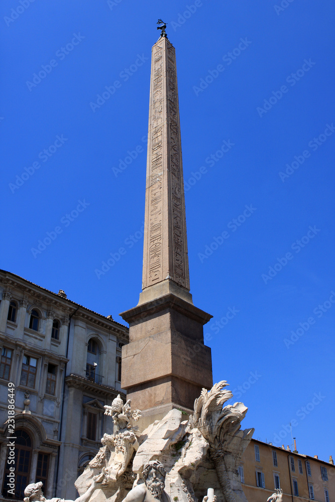 Detail of the Fountain of the four Rivers  with Egyptian obelisk in Piazza Navona, Rome, Italy