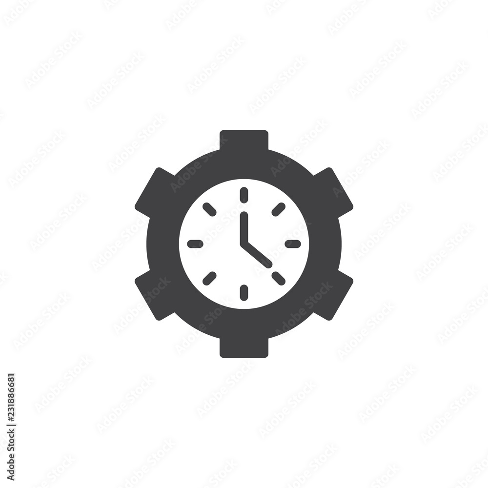 Clock gear vector icon. filled flat sign for mobile concept and web design. Time setting simple solid icon. Symbol, logo illustration. Pixel perfect vector graphics Clock gear vector icon. filled flat sign for mobile concept and web design. Time setting simple solid icon. Symbol, logo illustration. Pixel perfect vector graphics