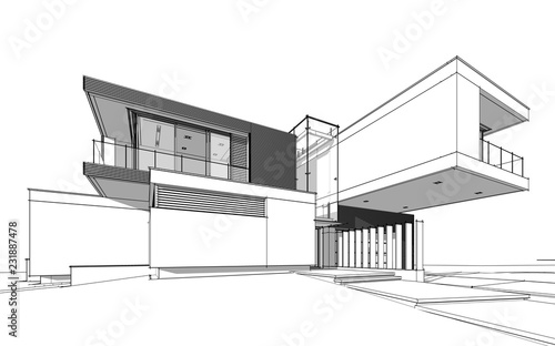 3d rendering sketch of modern cozy house by the river with garage for sale or rent. Black line sketch with soft light shadows on white background