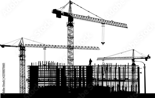 three black large cranes build house
