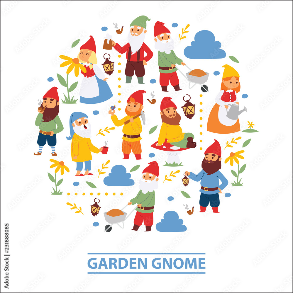 Garden gnome beard dwarf characters wallpaper and gardening flayer klitsch family figure background vector illustration