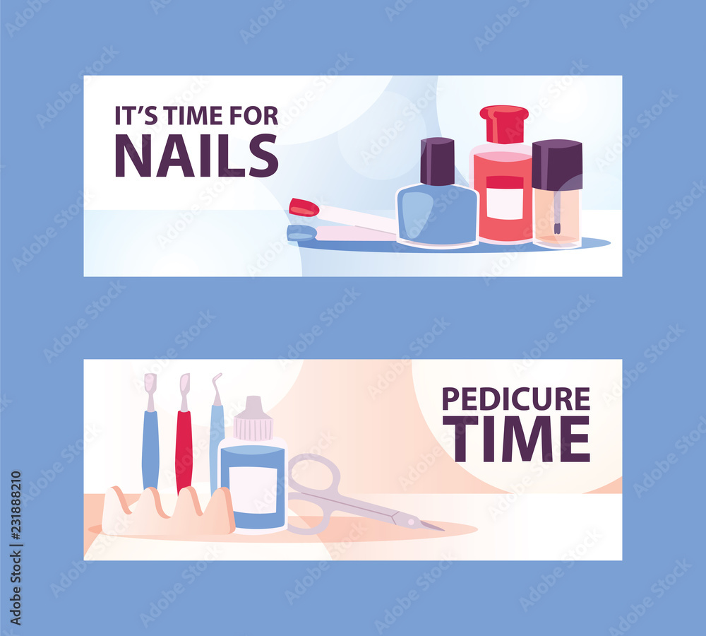 Cartoon woman manicure banners. Beautiful female nails step by step