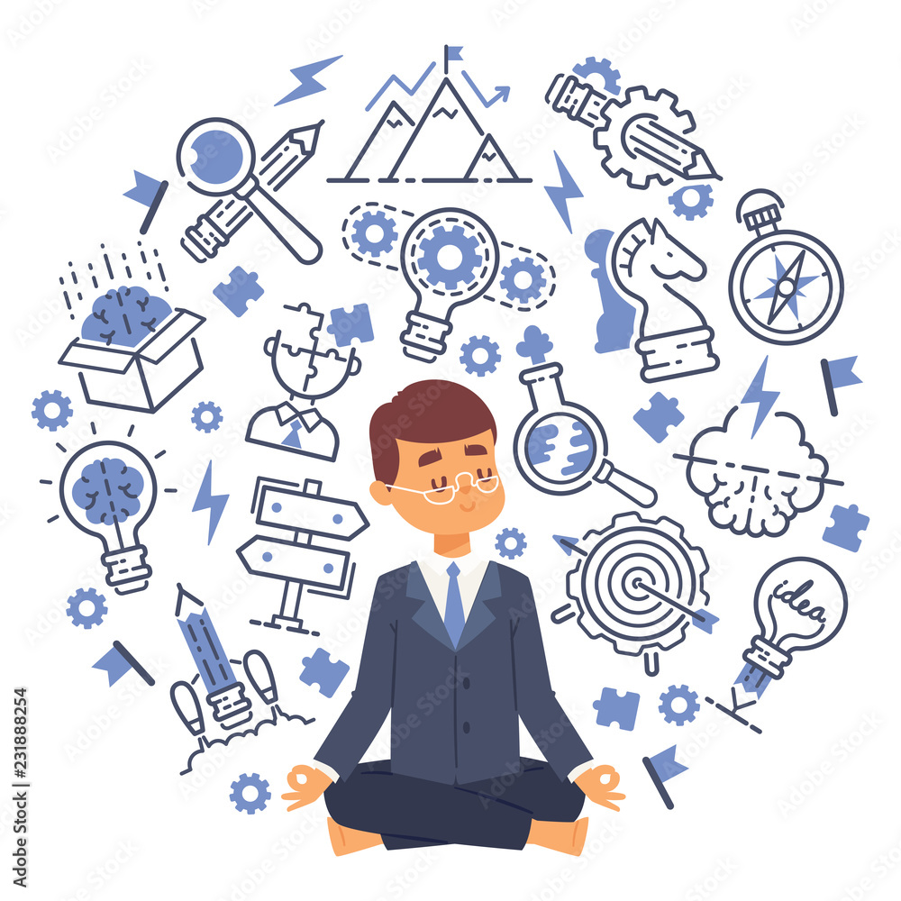 Office worker doing yoga to calm down stressful emotion from hard work in office with thoughts and ideas icons background. Concept of meditation for banners. Vector illustration.