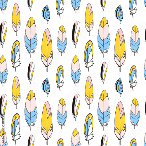 Vector bird feathers background. Summer exotic quill feather cute seamless pattern  illustration  wrap  textile