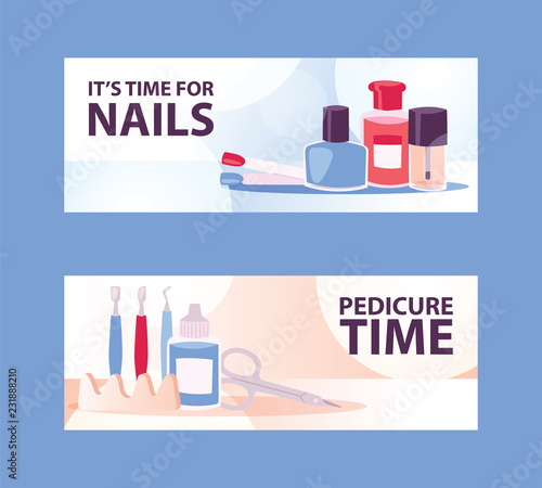 Cartoon woman manicure banners. Beautiful female nails step by step. Nail cleaner, scissors, cuticle pusher, toe separator and polish vector illustration. photo