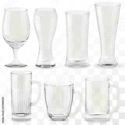 Set of vector realistic transparent beer glasses. Alcohol drink glass icons illustration