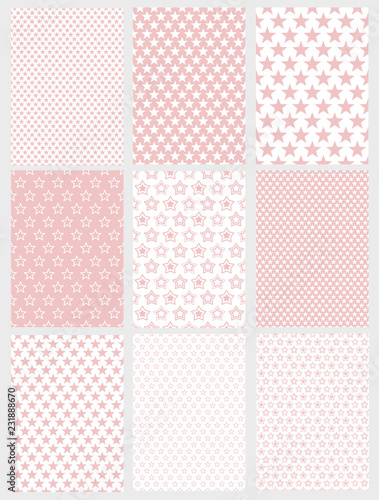 Cute Abstract Vector Patterns Set. 9 Various Geometric Star Designs. White and Light Pink Pastel Color. Simple Two Colors Graphic. 
