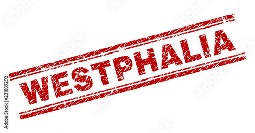 WESTPHALIA seal imprint with distress texture. Red vector rubber print of WESTPHALIA title with unclean texture. Text title is placed between double parallel lines.