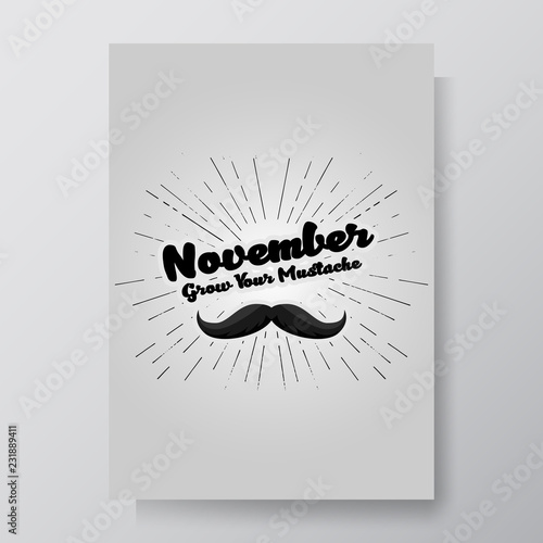 Hand drawn mustache textured vector illustration. November Prostate Cancer Awareness Month Design with Blue Ribbon and Mustache. Men Healthcare Concept.