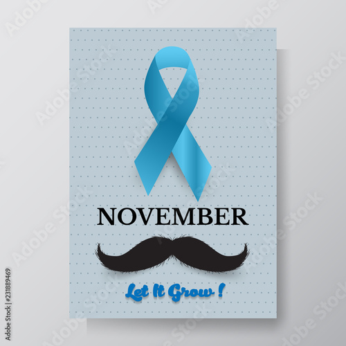 Hand drawn mustache textured vector illustration. November Prostate Cancer Awareness Month Design with Blue Ribbon and Mustache. Men Healthcare Concept.
