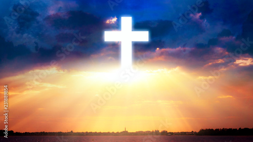 Obraz na płótnie Bright cross over clouds . Church . Religion background . Paradise heaven . Light in sky . Cosmic healing energy . Light at the end of a tunnel . Journey of the Soul . God's cross w salonie