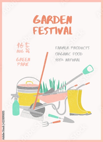 Creative vertical flyer or poster template with gardening tools and place for...