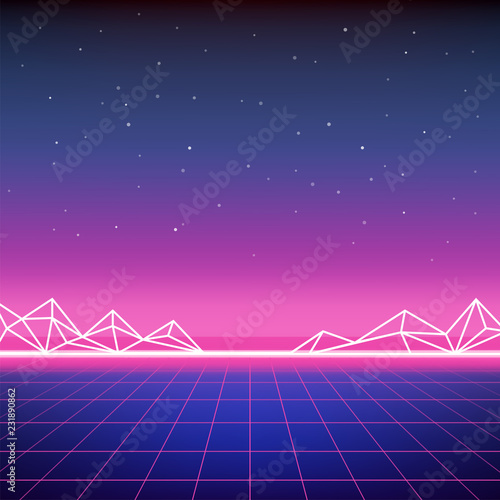 Retro Sci-Fi Background with mountains. Futuristic Vector illustration in 80s posters style.