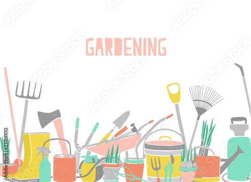 Modern horizontal backdrop with gardening tools at bottom edge on white background. Agricultural equipment for plant cultivation, work in garden or on farm. Creative colorful vector illustration.