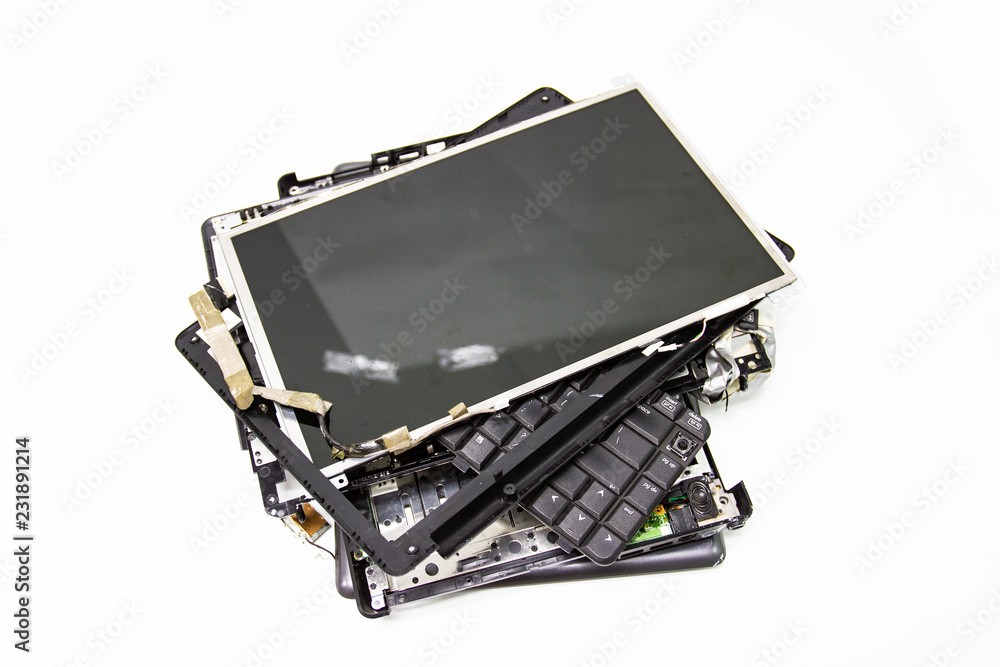 A broken old Computer laptop and notebook crash concept Laptop disassembling in repair shop A broken old Computer laptop and notebook crash concept Laptop disassembling in repair shop