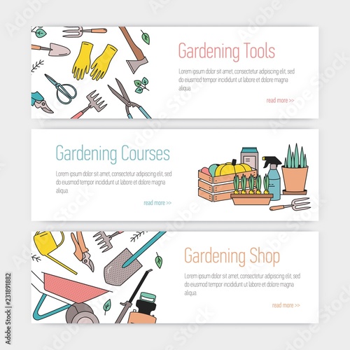 Set of web banner templates with gardening tools or equipment and place for t...