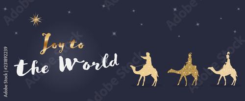 Christmas time. The three kings follow the star to Bethlehem. Text : Joy to the world.