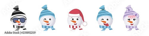 Set of Graphic Emoticons - snowmans. Collection of Emoji. Smile icons. Vector illustration on white background