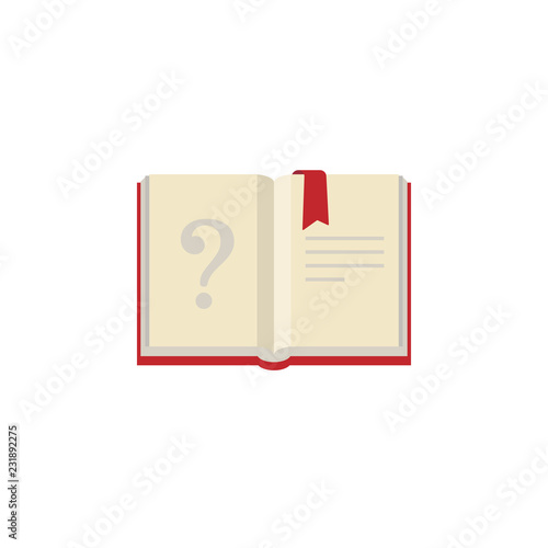 Open book with red book cover, bookmark and question mark. Isolated on white background.
