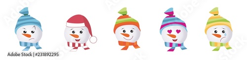 Set of Graphic Emoticons - snowmans. Collection of Emoji. Smile icons. Vector illustration on white background