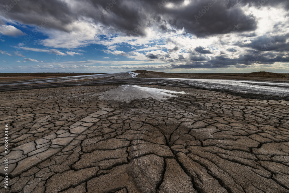 Fototapeta premium Mud volcanoes, cracked earth