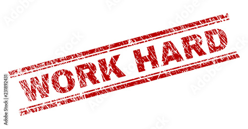 WORK HARD seal print with corroded texture. Red vector rubber print of WORK HARD label with unclean texture. Text title is placed between double parallel lines.