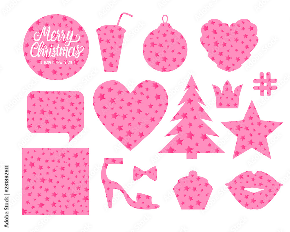 Set Merry Christmas forms Heart christmas ball tree star bubble kiss cupcake slipper. Cute design of a silhouette with abstract pink star pattern. Vector illustration isolated on white background.