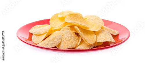 Tableau sur toile Potato chips on dish isolated on white background