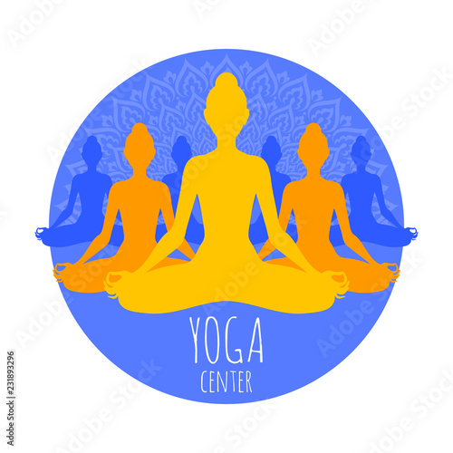 Group of meditating women in lotus pose. Yoga illustration.