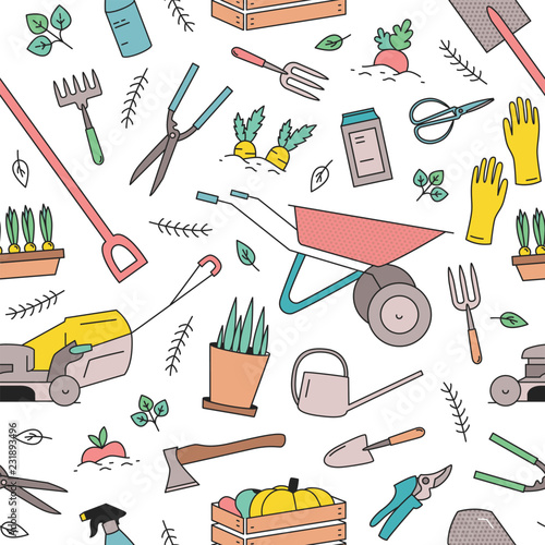 Modern seamless pattern with gardening tools, equipment for plants cultivation and agricultural work on white background