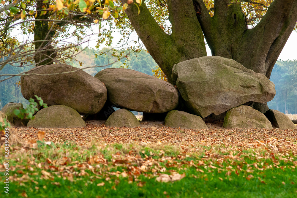 Ancient Dolmen or Hunebed Megalithic tomb from the ice age