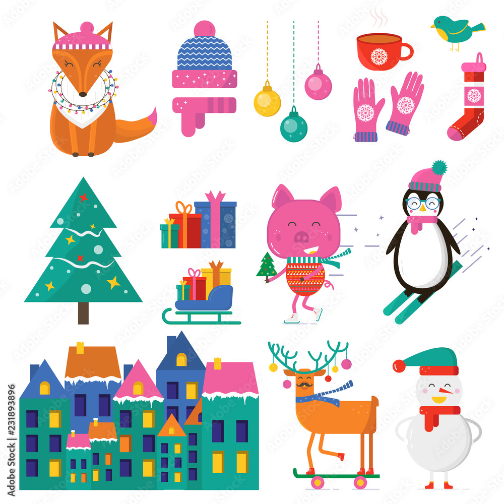 Merry Christmas greeting card with cute animals