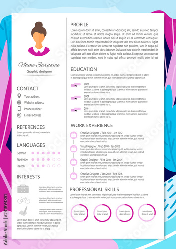 Feminine resume with infographic design. Stylish CV set for wome