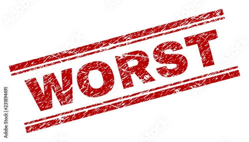 WORST seal print with grunge texture. Red vector rubber print of WORST text with scratched texture. Text caption is placed between double parallel lines.