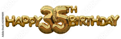 Happy 35th birthday gold foil balloon greeting background. 3D Rendering