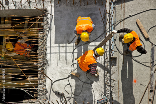 Construction site workers - aerial - Top View