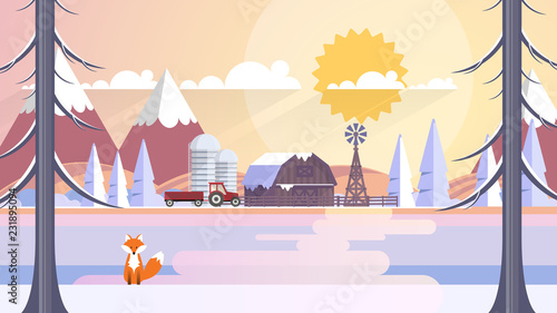 Beautiful Winter Farmland Landscape Background. Flat Vector Illustration