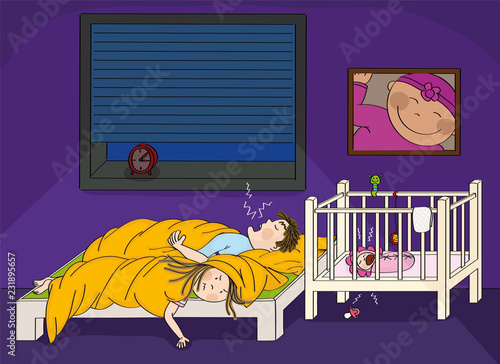 Exhausted women having trouble with her husband snoring and her newborn child crying in the baby cot - original hand drawn illustration.