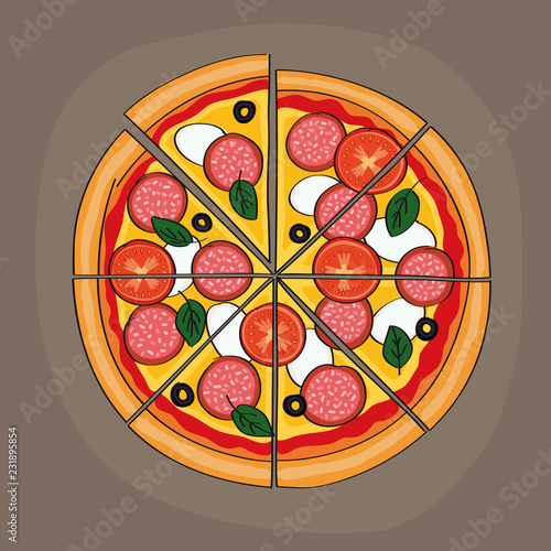 Tasty looking sliced salami pizza with tomatos, mozzarella, olives and basil - original hand drawn illustration.