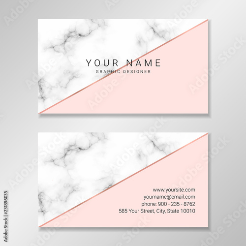 Vector modern business card. Business card design with marble and pale pink geometric shapes and faux rose gold foil diagonal stripe.