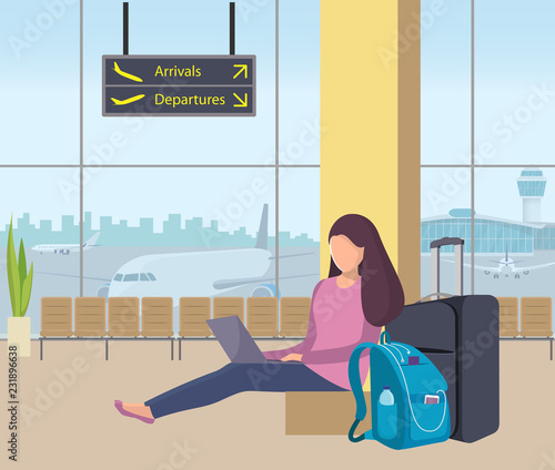 Young woman sitting in airport lounge with her suitcase and backpack and working on a laptop. Girl passenger at the airport. Planes and control tower outside the window. Flat vector illustration.
