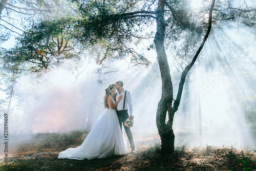 Obraz na płótnie bride and groom on the background of fairy fog in the forest. Rustic wedding concept w salonie