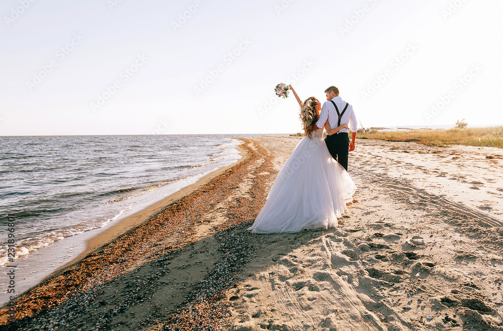 bride and groom on the seashore. wedding concept on the sea, on a fabulous island.