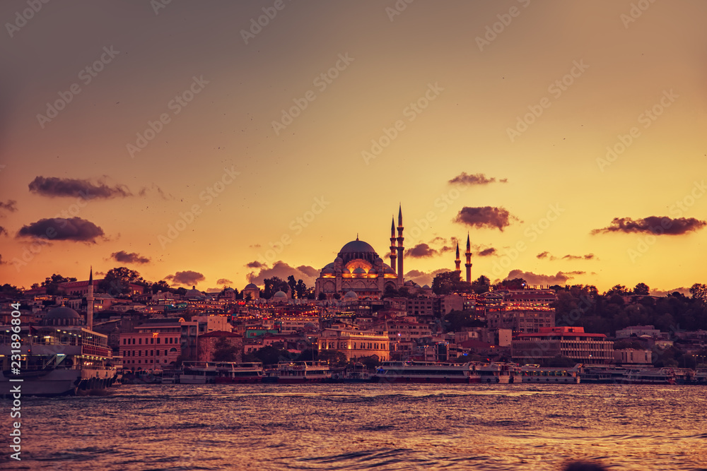 Silhouette of a Suleymaniye mosque at sunset.