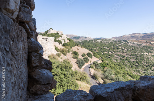 View  of the nearby valley from the tower in Nimrod Fortress located in Upper Galilee in northern Israel on the border with Lebanon. photo