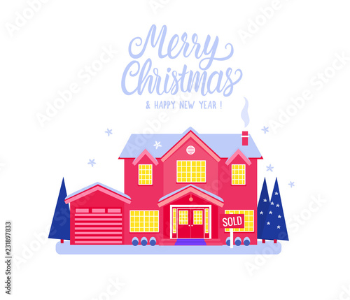 House two story cottage red color for sale. Sold sign. Flat Vector illustration isolated on white background. Winter magical exterior. Merry Christmas and Happy New Year Card. Dream House.