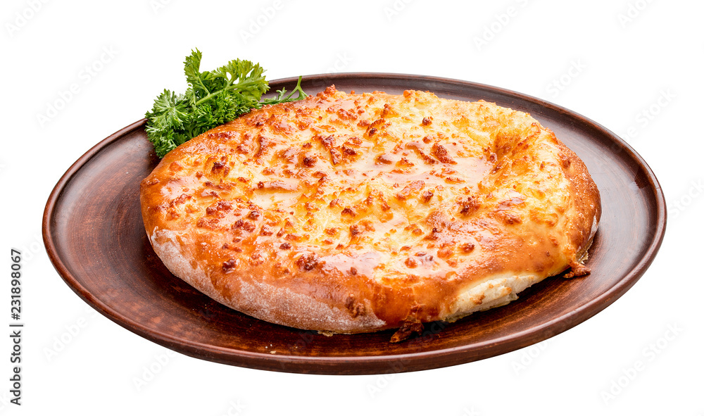 Khachapuri. Traditional Caucasian puff cake. On a white background Khachapuri. Traditional Caucasian puff cake. On a white background