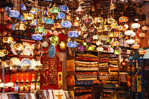 Traditional handmade turkish lamps in souvenir shop. © lizavetta