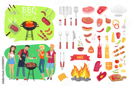 BBQ Party Set People Cooking Vector Illustration